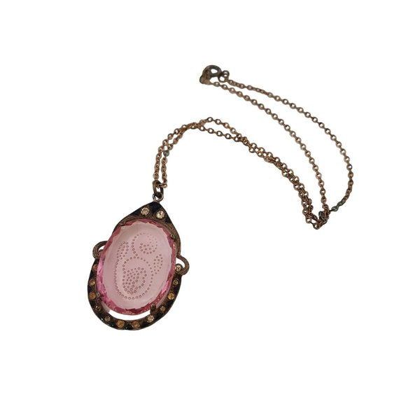 Antique Signed Czech Unusual Etched Glass, Enamel & Rhinestone Pendant Necklace